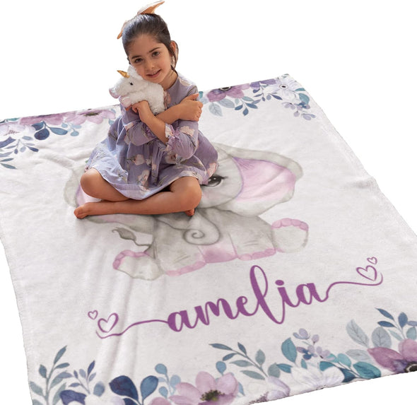 Your Minor Will Love to Wrap Up Himself in The Hot Hug of This Cute Little Elephant and Customized Name Blanket, for Kids Preschooler, Birthday Christmas, Soft Fussy Throw Blanket