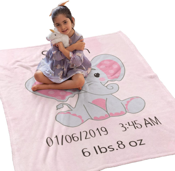 Cute Little Elephant Personalized Gift, Customized Date Time Weight, for Your Kids Grandkids Toddlers, Christmas, Birthday, Children's Day, Light Weight, Soft Fleece Throw Blanket