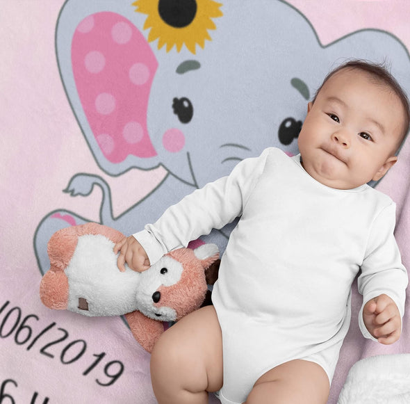 Cute Little Elephant Personalized Gift, Customized Date Time Weight, for Your Kids Grandkids Toddlers, Christmas, Birthday, Children's Day, Light Weight, Soft Fleece Throw Blanket