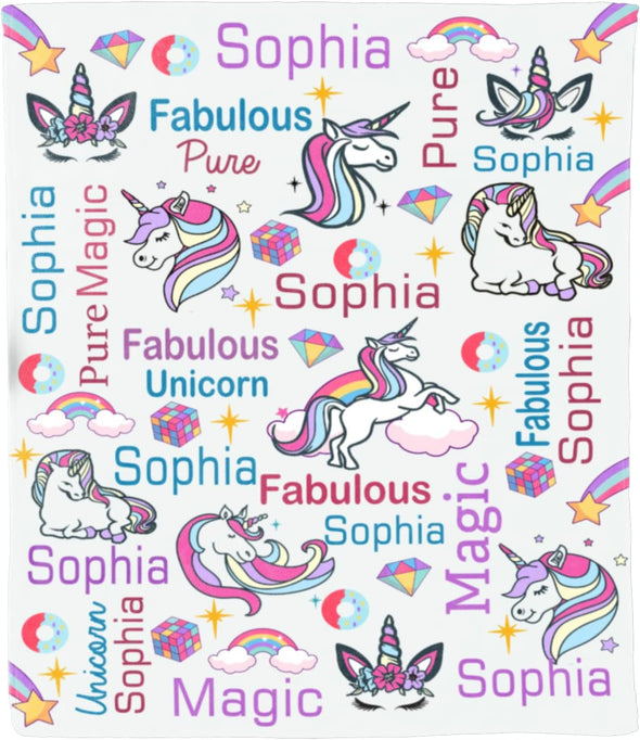 Personalized Unicorn Name Blanket - Adorable Design, Perfect Gift for Kids' Birthdays and Holidays! Proudly Printed in the USA on Soft Fleece or Sherpa Material