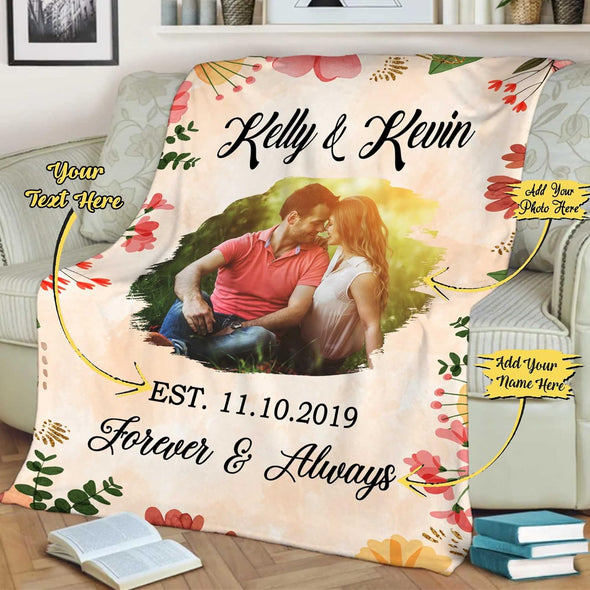 Photo Blanket, Romantic Present for Couples, Forever and always Personalized with Photo Names and EST, Perfect for Birthdays, Anniversaries, Valentine's Day, Silky Smooth Warm Blanket