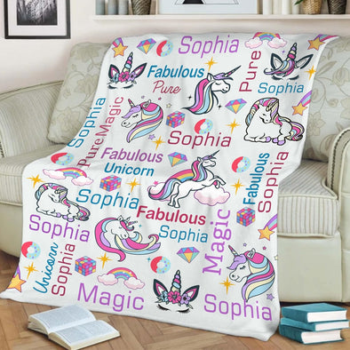 Personalized Unicorn Name Blanket - Adorable Design, Perfect Gift for Kids' Birthdays and Holidays! Proudly Printed in the USA on Soft Fleece or Sherpa Material