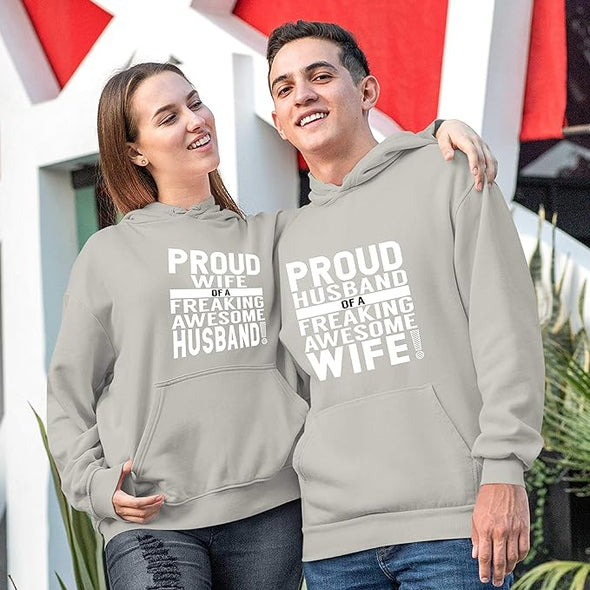 Proud Wife Husband, Cotton Hoodies For Couples, kangaroo pocket