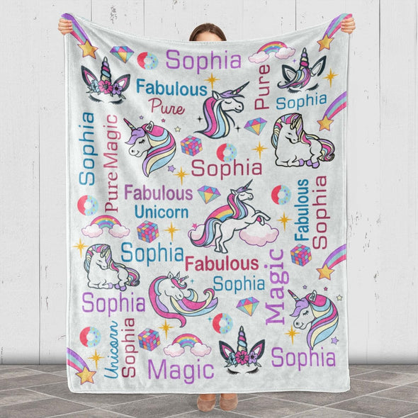 Personalized Unicorn Name Blanket - Adorable Design, Perfect Gift for Kids' Birthdays and Holidays! Proudly Printed in the USA on Soft Fleece or Sherpa Material