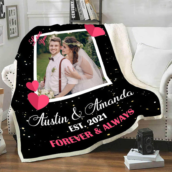 Customized Photos Blanket, Forever and Always with Custom Names and Date, Couple Gift For Anniversary, Birthday, Valentine's Day, Light Weight Warm Fleece Blanket