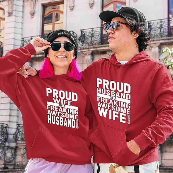 Proud Wife Husband, Cotton Hoodies For Couples, kangaroo pocket