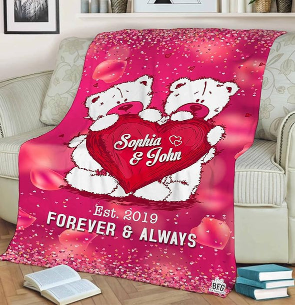 Best Family Gifts Forever and Always, Custom Name and Est, Cute Couple Teddy, Couple Blanket, Anniversary, Birthday, Christmas, Super Soft Blanket