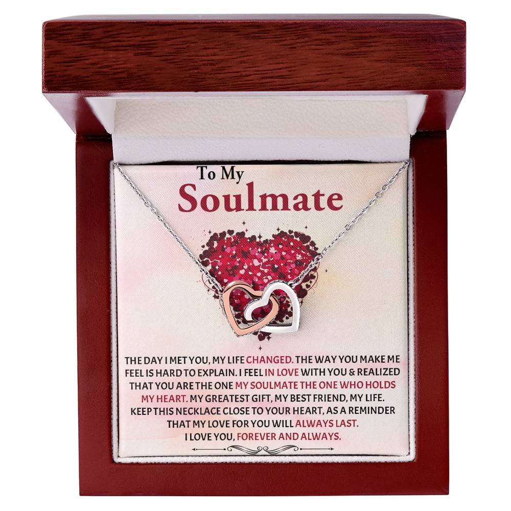 INTERLOCKING HEART NECKLACE WITH MESSAGE CARD, TO MY SOULMATE, NECKLACE JWELERY FOR HER BIRTHDAY AND ANNIVERSARY GIFT